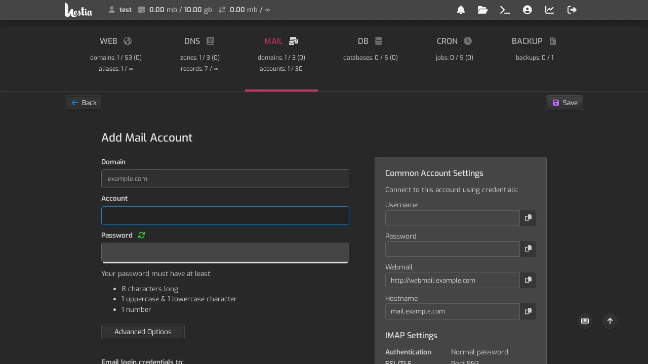 Add an email account with connection settings