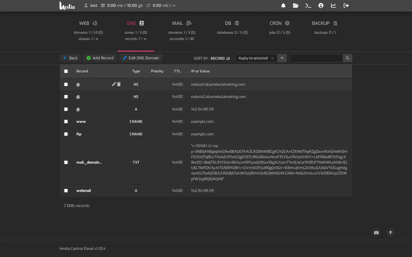 DNS records with the DKIM record